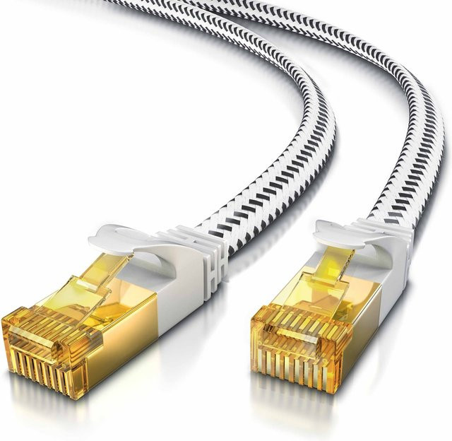 Primewire CAT 7 Flachbandpatchkabel mit Baumwollummantelung, Gigabit Ethernet LAN Kabel, 10 Gbit/s, U/FTP PIMF Schirmung, Farbe: Weiß, Länge: 30 m - Bild 1