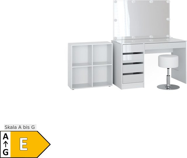Vicco Schminktisch Sherry in Weiß Hochglanz mit LED-Spiegel, Hocker und Standregal, 4-teiliges Set - Bild 1