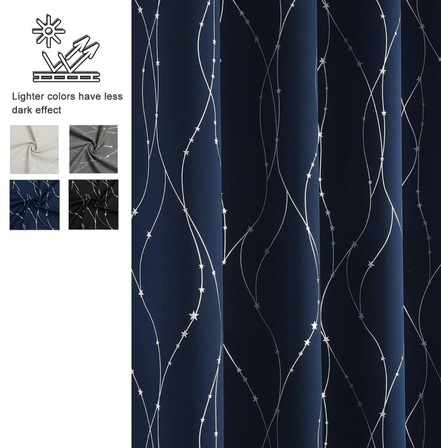 Verdunkelungsvorhang von Household supplies MH in Silber mit Sternen- und Linienmuster für Schlafzimmer und Wohnzimmer, Breite: 132 cm, Höhe: 160 cm - Bild 3