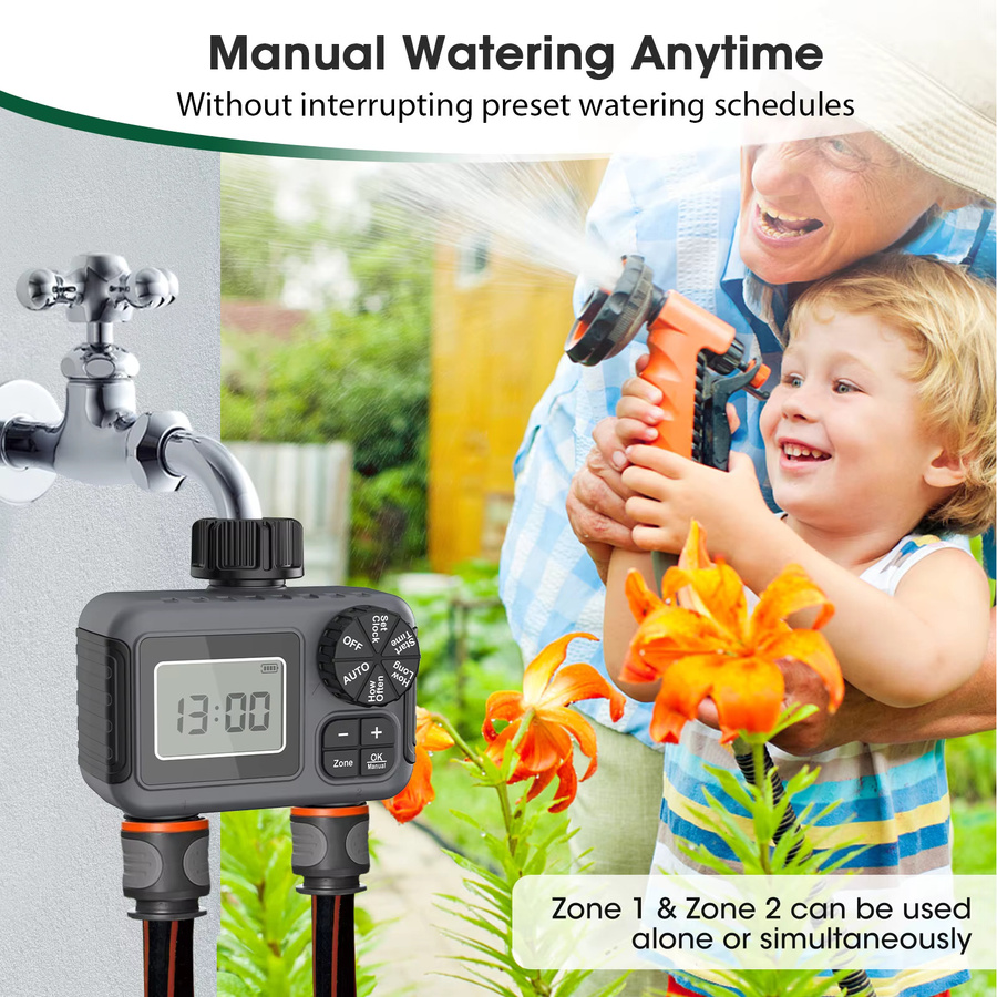 Insoma 2-Zonen Sprinkler Timer Schwarz, Programmierbarer Bewässerungscomputer für Garten und Rasen, IPX5 Wasserdicht - Bild 5