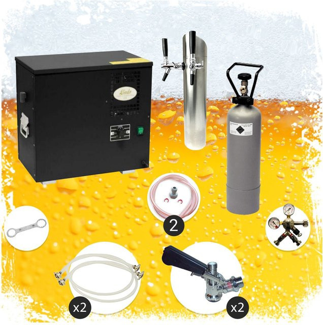 ich-zapfe.de Zapfanlage AS-40 Untertheken Komplett Set, 2-leitig mit Durchlaufkühler, Nasskühler und Schanksäule, Green Line, Zapfkopf Kombi und KeyKeg, Schwarz-Grau - Bild 1