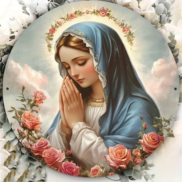 Religiöse Metall-Wandkunst Unsere Liebe Frau von Guadalupe von Hello Young, Rundes Wandbild mit Blumen- und Floral-Motiv, Mehrfarbig, Durchmesser: 20,32 cm - Bild 1