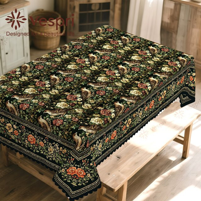 Vespri Frühlingstischdecke mit Blumenmuster und Vögeln in Schwarz und Grün aus Leinen - Bild 1