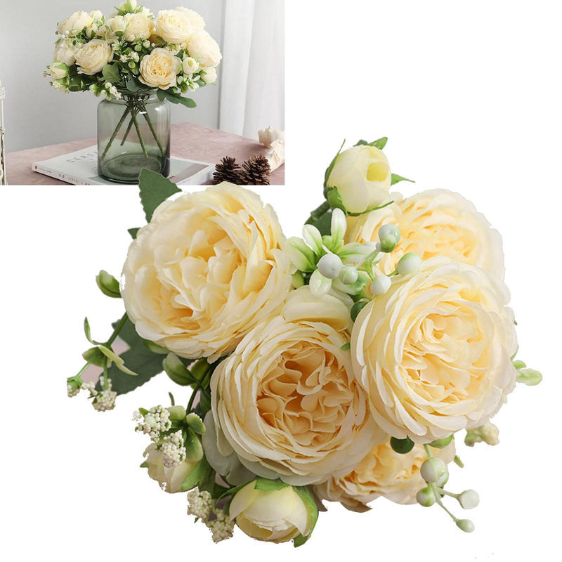 TOMTOP JMS 3 Bündel Künstliche Persische Rosen in Gelb und Creme, Handgebundene Textil-Rosenblumenstrauß zur Dekoration für Hochzeit und Wohnzimmer - Bild 6
