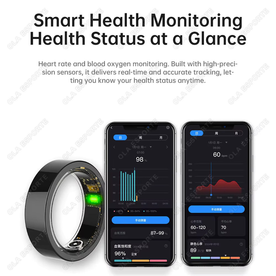 Ola Esporte Smart Ring Schwarz mit Vibrationsalarm, Herzfrequenzmessung, Schlafüberwachung und Anruferinnerung, wasserdicht, Unisex - Bild 3