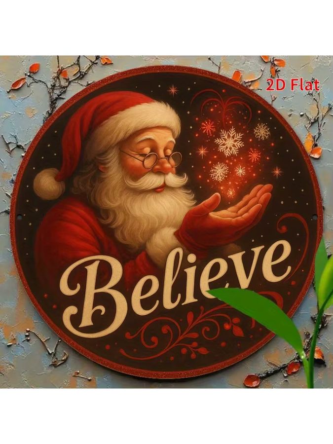 Potdemiel Rundes Weihnachtsmann Wandschild im Retro-Vintage-Stil mit Schneeflocken und Sternen - Bild 4