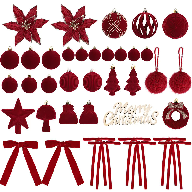 ZQNYCY 38-teiliges Set Weihnachtsdekoration aus Samt in Rot mit Christbaumkugeln, Sternen, Blumen und Baumspitze für deinen Weihnachtsbaum und zur Neujahrsdekoration - Bild 3