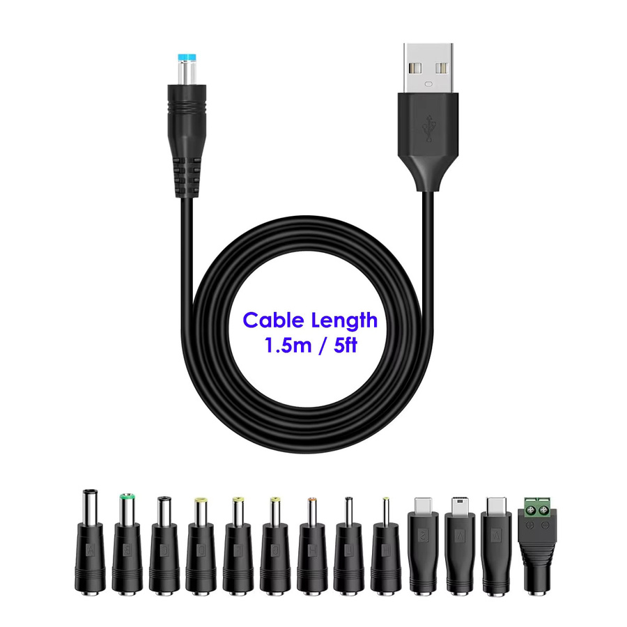Universelles USB-C-Ladekabel mit 5,5 x 2,1 mm DC-Buchse und 13 DC-Steckeradaptern, 1,5 m Länge, Schwarz - Bild 2