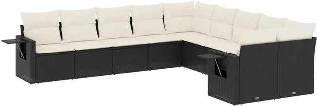 vidaXL 10-tlg Garten-Sofagarnitur aus Polyrattan in Schwarz mit cremeweißen Kissen und L-Form - Bild 1