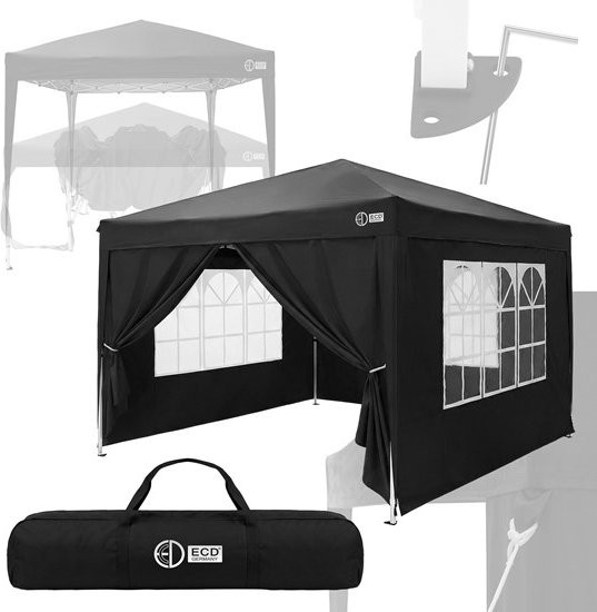 ECD Germany Pop Up Pavillon mit 4 Seitenwänden und Fenstern, Wasserdichtes Polyester Oxford-Gewebe und Stahlgestell, Schwarz, B/T/H: 300 x 300 x 260 cm - Bild 1