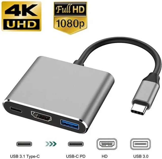 VORTNGLE USB-C-Hub 3-in-1 Dockingstation mit HDMI und PD Schnellladung in Silber und Weiß für MacBook Pro Air und Smartphone - Bild 1