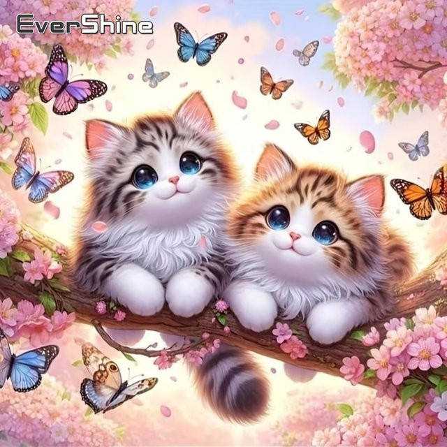 EverShine Diamant-Mosaik DIY Set Katze mit Schmetterling in Multicolour, Handgemachtes Strass-Bild mit runden Steinen, Breite: 20,0 cm, Höhe: 20,0 cm - Bild 1