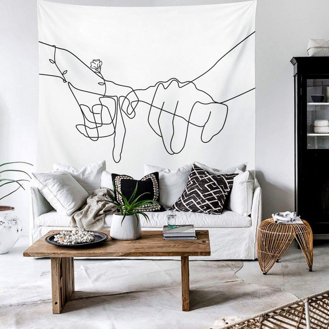 VIKAMA Minimalistischer Wandteppich mit abstrakter Linienkunst von sich haltenden Händen, weißer Wandbehang für Wohnzimmer und Schlafzimmer - Bild 1