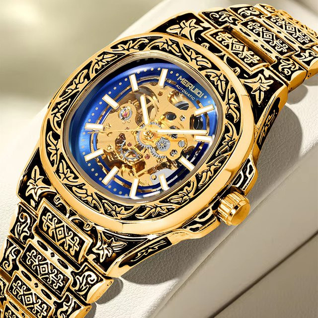 MEIRUIQI Armbanduhr Automatik, Edelstahl, Gold, Blau, Herren - Bild 1