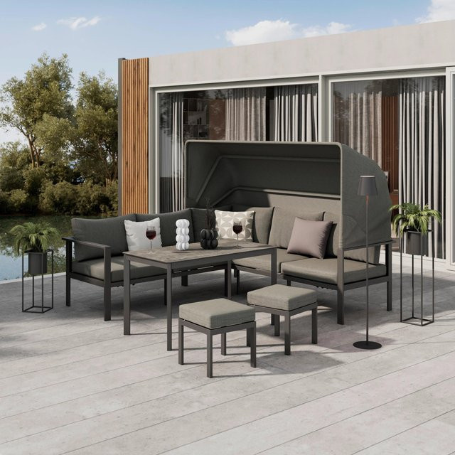 Mömax Loungegarnitur Bigi L-Shape in Grau und Beige mit Polsterauflagen und Couchtisch aus Aluminium - Bild 1