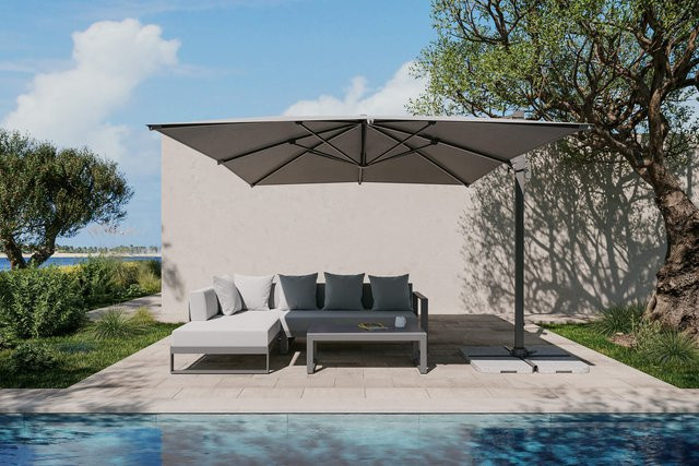 OUTFLEXX Almeria Gartenmöbel-Set Lounge mit Ampelschirm, silbergrau/anthrazit, Material: Alu, Polyester und Glas, Schirm B: 400 cm, T: 300 cm - Bild 1