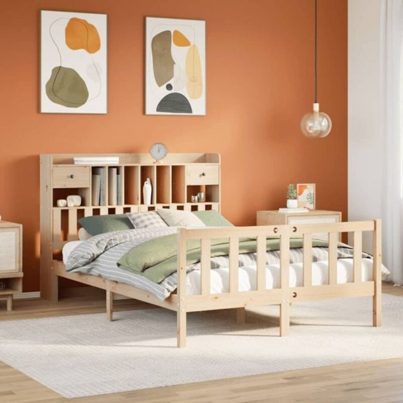 Massivholzbett Vidaxl aus Kiefernholz mit Regal in Braun und Natur, B/T/H: 140 x 190 x 110 cm - Bild 1