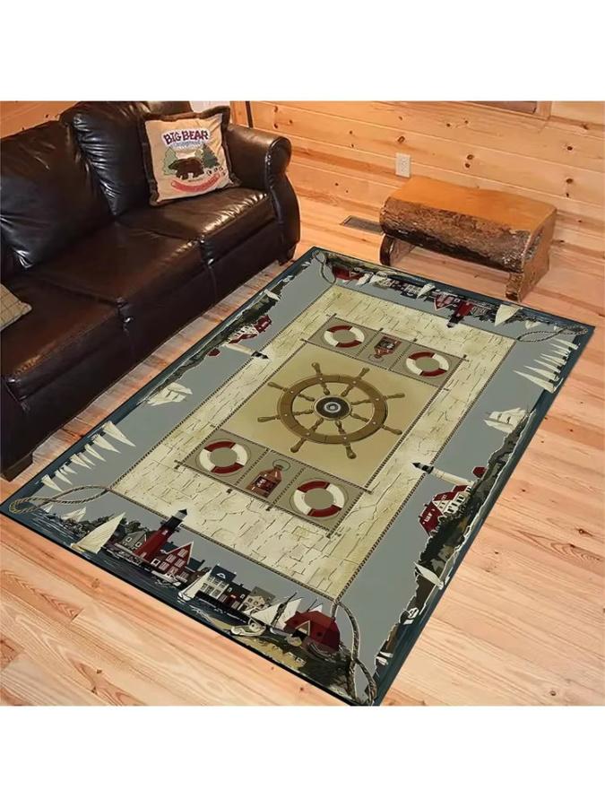 Maritimer Segelteppich im Vintage-Stil mit Wellen-Motiv in Blau, rechteckige Bodenmatte für Wohnzimmer und Schlafzimmer - Bild 2