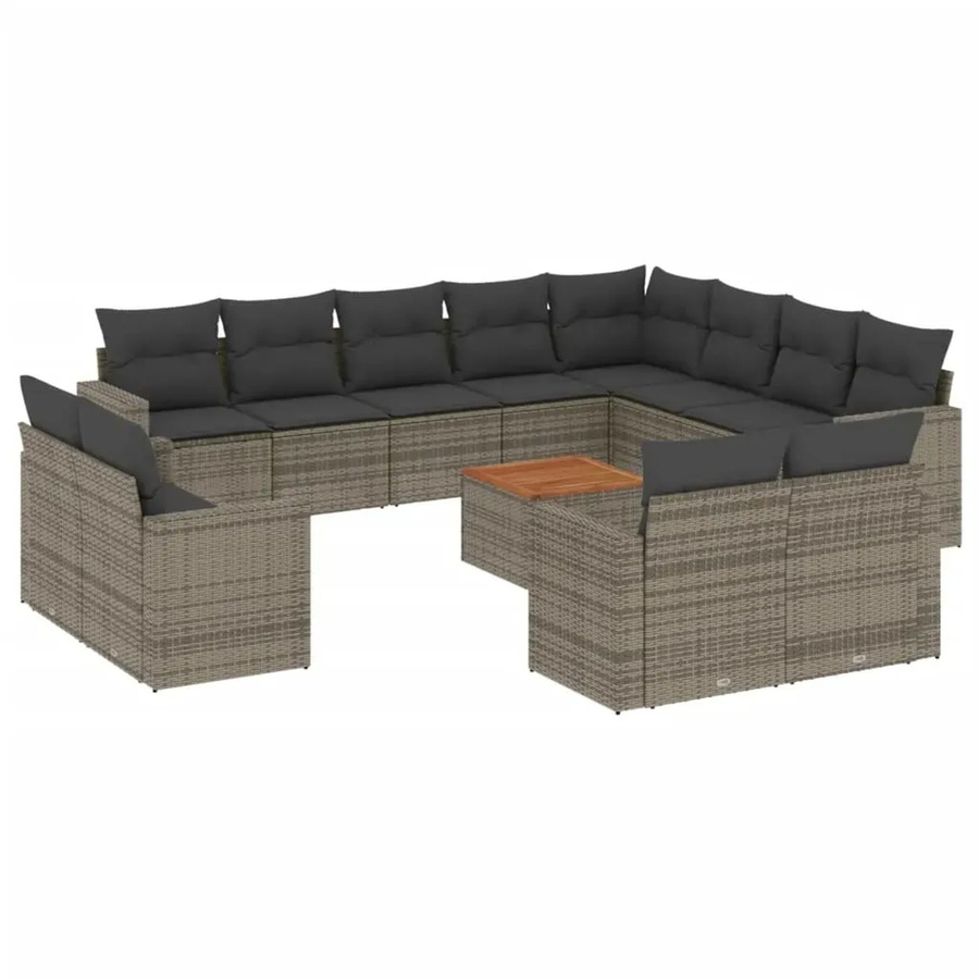 vidaXL 13-teilige Garten-Sofagarnitur aus Poly-Rattan und Akazienholz in Grau mit Kissen - Bild 2