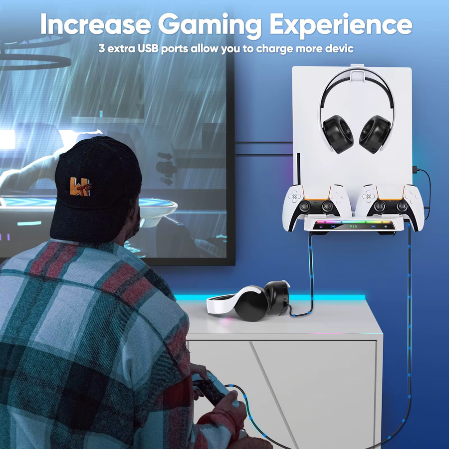 TECTINTER Wandhalterungsset für PS5, PS5 Pro und PS5 Slim mit RGB-Beleuchtung, Dual Controller Ladestation und Headset-Aufhänger, Schwarz - Bild 5