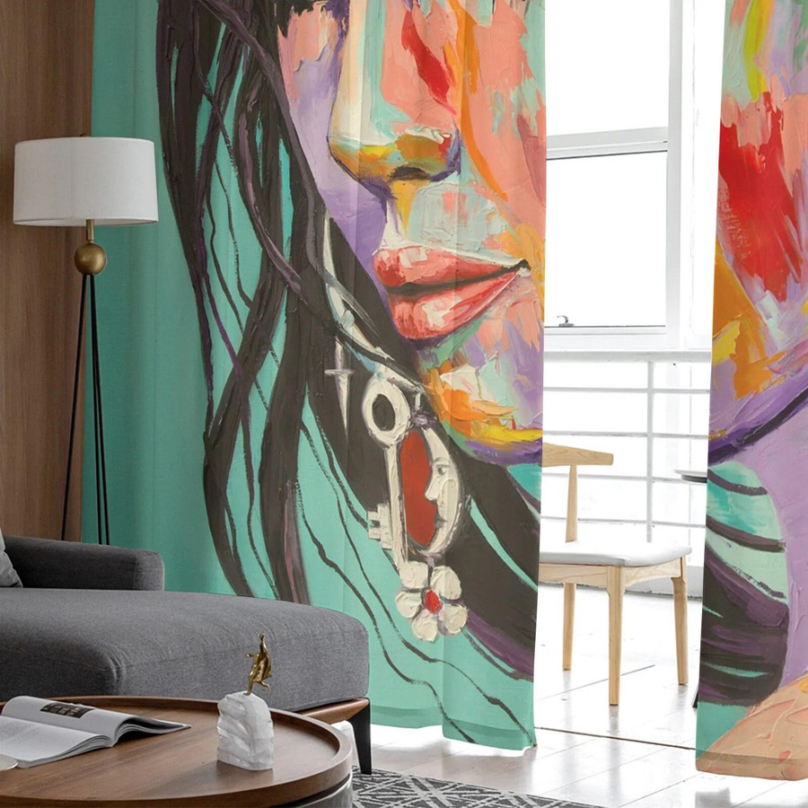 A Family Of Home Textiles Chiffon-Vorhang mit Mädchen-Ölgemälde-Motiv, transparent, multicolor, B: 135 cm, H: 114 cm - Bild 3