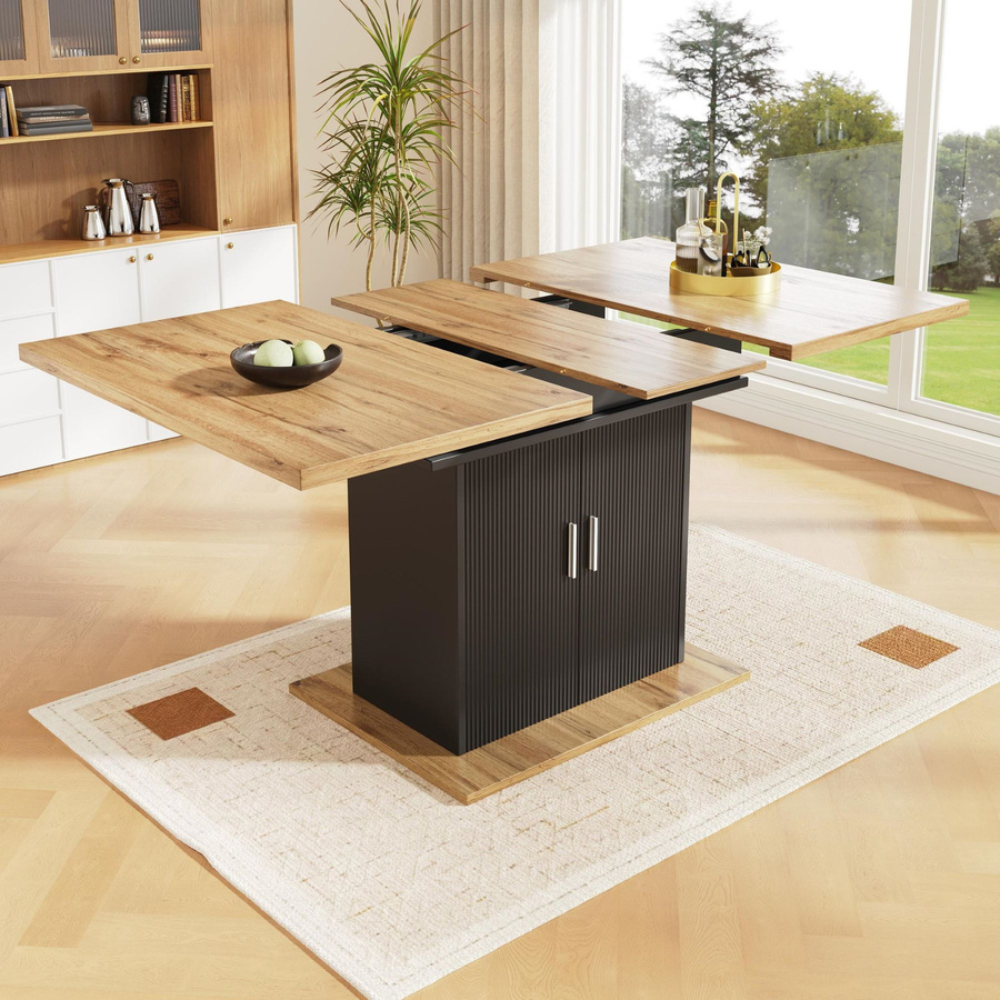 Ausziehbarer Esstisch in Schwarz und Braun mit 3 Ablageebenen, B/T/H: 110-140 x 70 x 76 cm - Bild 2