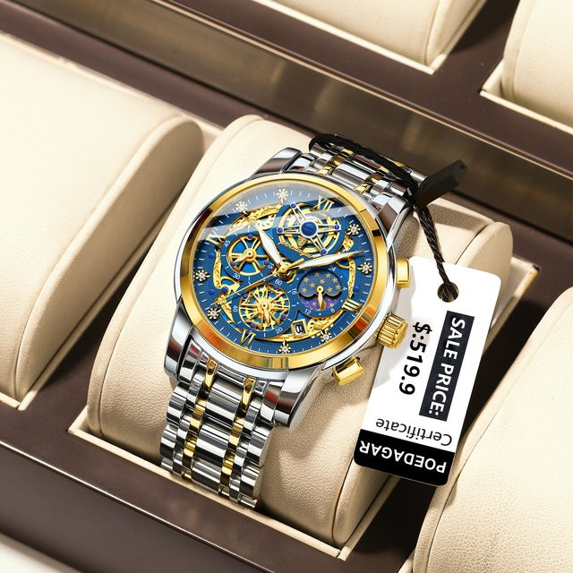 POEDAGAR Armbanduhr Chronograph, Quarz, Edelstahl, Blau, Herren - Bild 1