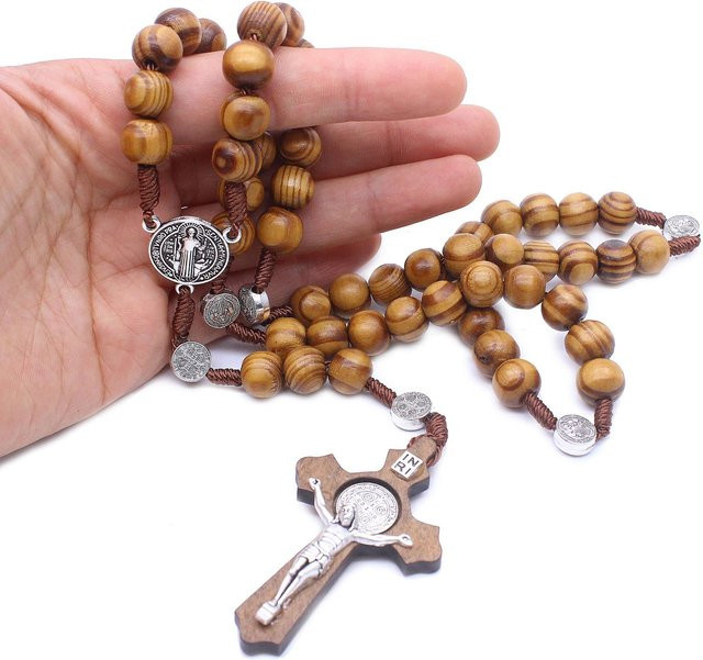Wucifang Jewelry Halskette, Holz, Perlen, Kreuz Anhänger, 60cm, Unisex, brown - Bild 1