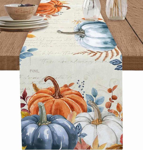 JMG Household Supplies Tischläufer aus Leinen mit Herbstkürbis und Sonnenblumen, Mehrfarbig, B: 33 cm, L: 150 cm - Bild 1