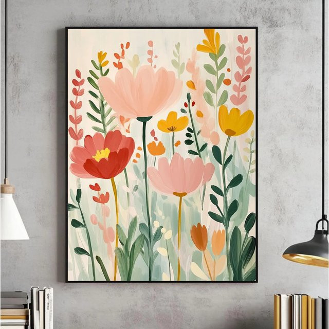 YITONGKE Botanisches Wandkunst Poster Abstrakte Frühlingsblumen in Rosa und Grün - Bild 1