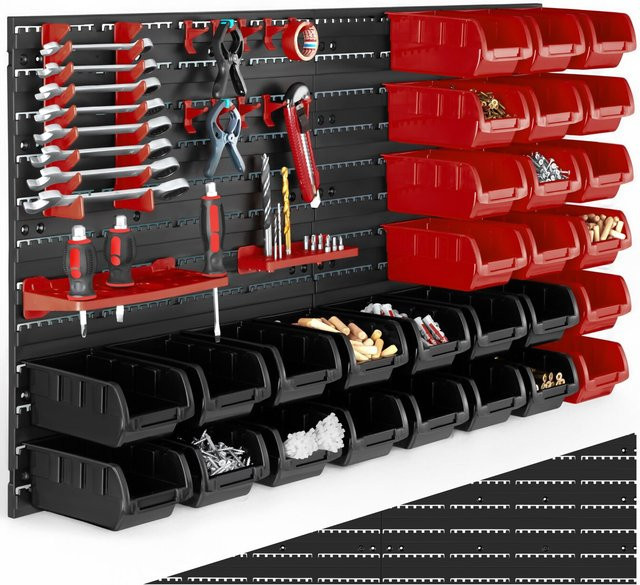tectake Kleinteilemagazin 44-teilig mit 2 Wandplatten und Stapelboxen in Schwarz und Rot, H x B x T: 54 x 96 x 17 cm - Bild 2