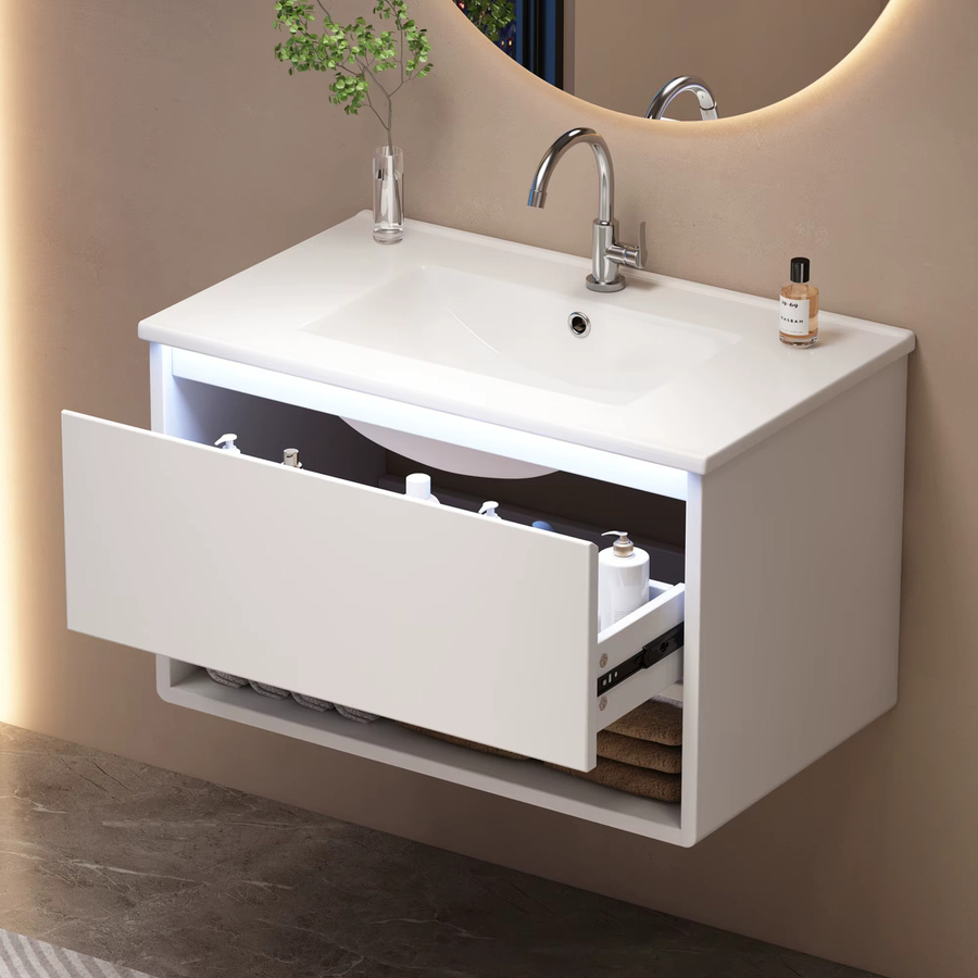 Svintora Badezimmer-Waschtisch in Weiß mit sensorischem LED-Licht, einer Schublade und offenem Regal, wandmontiert und modern - Bild 2