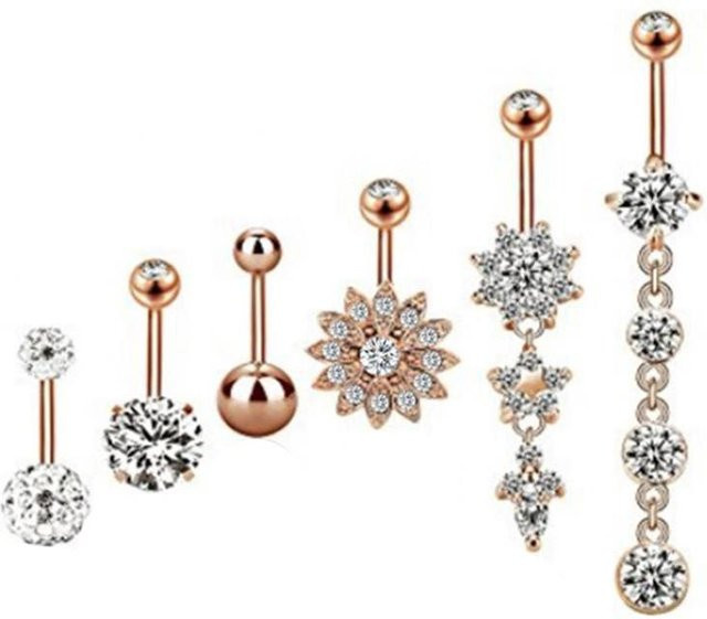 Bauchnabelring Edelstahl, Roségold, Kristall, Zirkonia, 6 Stück - Bild 1