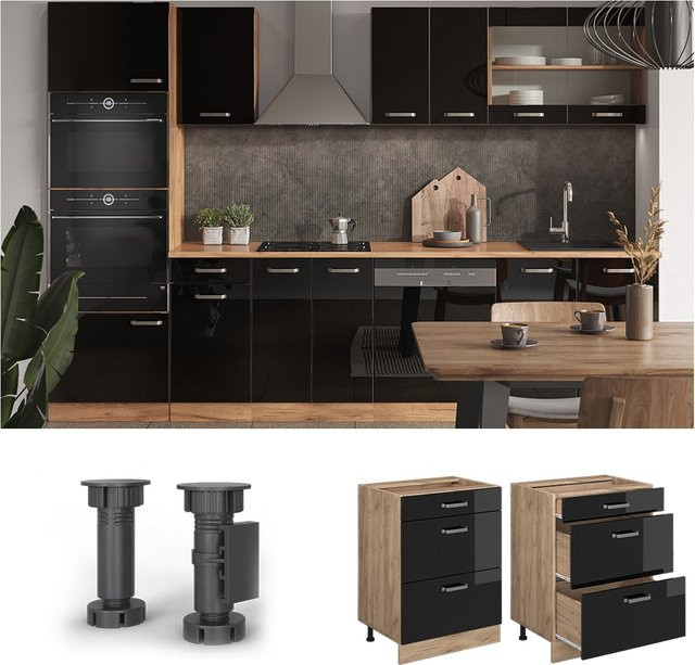 Vicco Küchenschrank R-Line Schubladenunterschrank in Eiche und Schwarz matt, Breite: 60 cm - Bild 1