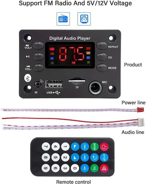 YJMP Bluetooth 5.0 MP3 Decoder Board mit FM Radio, USB, TF und Mikrofon für Autoradio, Freisprecheinrichtung und Musikplayer, Schwarz - Bild 1