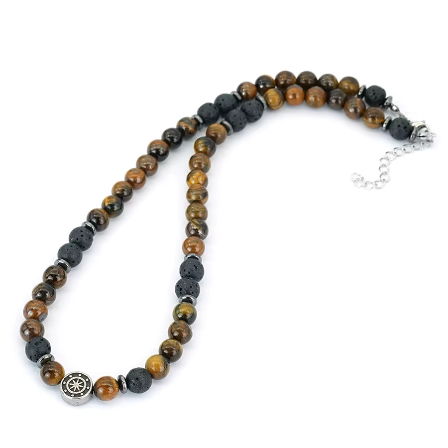 Herrenhalskette Noter, Naturstein, Lava, Tigeraugen, Obsidianperlen, Schwarz - Bild 3