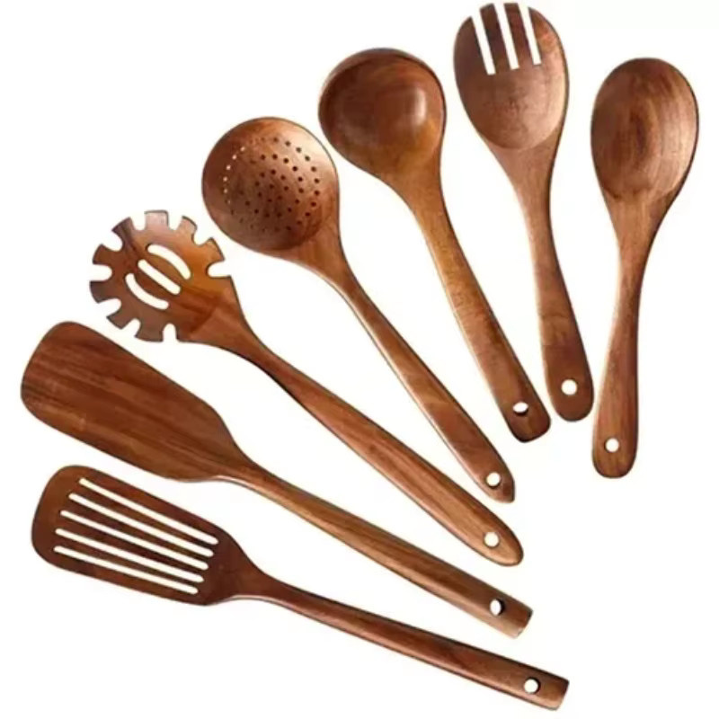 KEMORELA Kochlöffel Set aus natürlichem Thailand Teak Holz in Braun, 7-teiliges Küchenwerkzeug Set mit Schöpfkelle, Reissieb und Skimmer - Bild 5