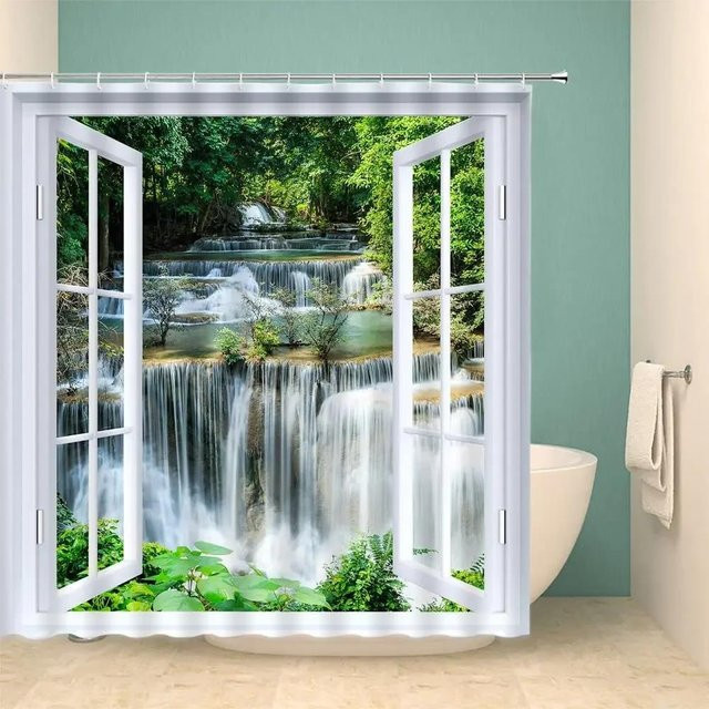 Wasserdichter 3D-Duschvorhang von Dunika Chen mit tropischem Wald-Motiv in Grün, Breite: 90 cm, Höhe: 180 cm - Bild 1
