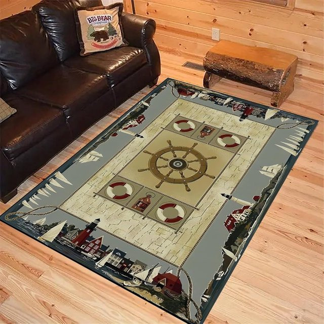 Maritimer Segelteppich im Vintage-Stil mit Wellen-Motiv in Blau, rechteckige Bodenmatte für Wohnzimmer und Schlafzimmer - Bild 1
