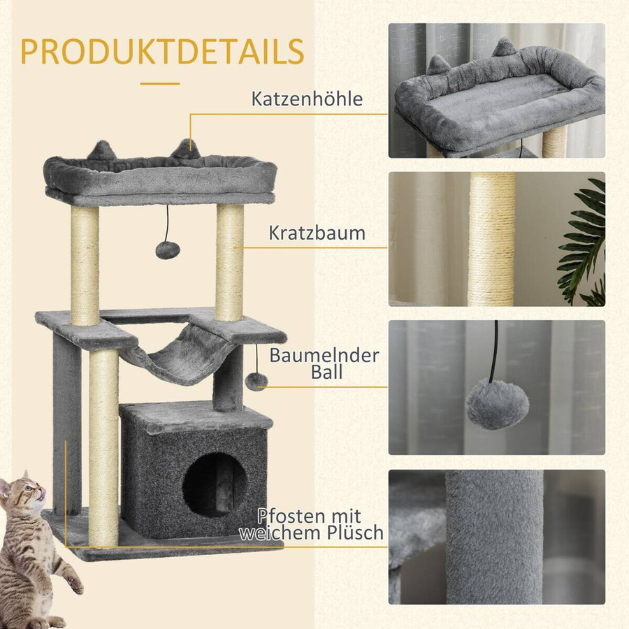 PawHut Kratzbaum für Katzen in Grau mit Hängematte, Höhle und Spielzeug, B/T/H: 48 x 48 x 90 cm - Bild 4