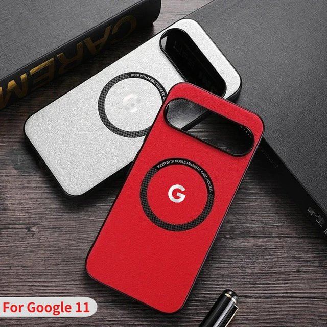 Magnetische Leder-Handyhülle mit G-Logo für Google Pixel 11 10 9 8 7 6 A Pro XL inklusive MagSafe Wireless Charging in Silber und Weiß - Bild 1