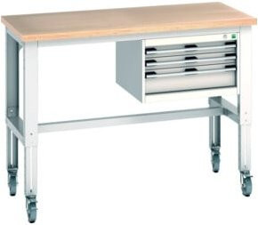 Bott Werkbank Cubio mit 3 Schubladen aus Multiplex und Stahl, höhenverstellbar, Farbe: RAL 7035 Grau, B: 150 cm, T: 75 cm, H: 84-114 cm - Bild 1