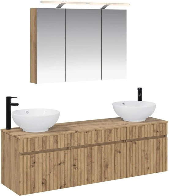 vidaXL Badezimmerschrank-Set 4-teilig in Artisan-Eiche, modern, mit LED-Beleuchtung und Spiegelschrank, Farbe: Braun, B/T/H: 100 x 14,5 x 70 cm - Bild 1