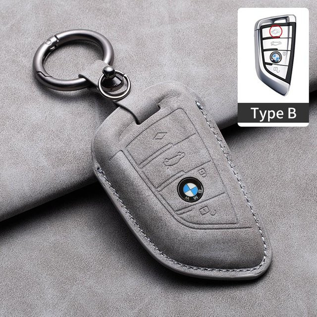 Wildleder Leder Schlüsselanhänger Hülle für BMW Schlüssel Fob in Grau - Bild 1