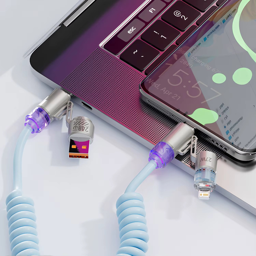 VBNM 4-in-1 Multifunktionales Auto-Schnellladekabel mit einziehbarem Kabel, 240W, Orange, USB-C und Lightning für iPhone und Samsung Galaxy - Bild 4