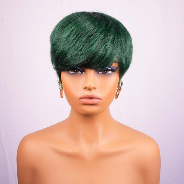 OYM HAIR Pixie-Cut-Perücke mit Pony, kurz, glatt, grün, Remy-Echthaar, Damen - Bild 1