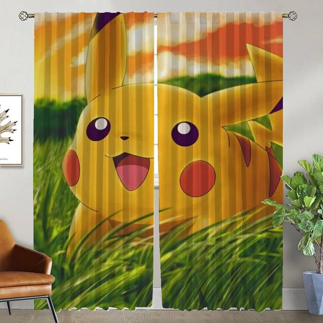 P-pokemones Tüllvorhänge für Kinderzimmer und Wohnzimmer, 2er-Set, Mehrfarbig, B: 60 cm, H: 90 cm - Bild 1