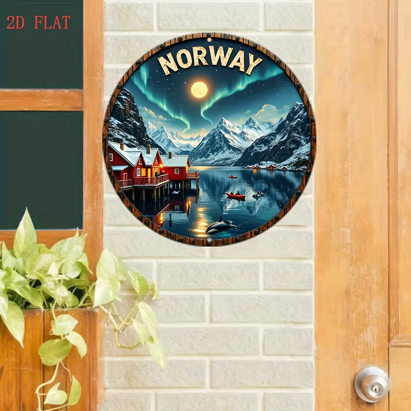 Potdemiel Wandkunst Norwegen Nordlichter Metallschild Skandinavischer Stil, Durchmesser: 20,3 cm, Mehrfarbig - Bild 3