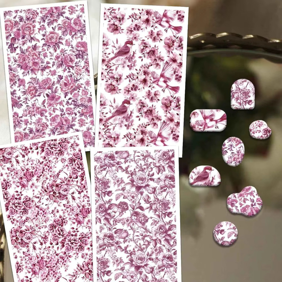24 Stück Rosa orientalisches Blumen-Transferpapier für Polymer-Ton mit 4 Pfingstrosen-Designs - Bild 2