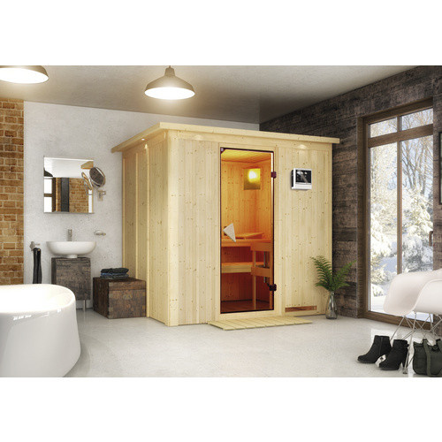 Karibu Sauna Olai aus Fichtenholz in Beige inklusive 3.6 kW Saunaofen mit externer Steuerung für 3 Personen, B/T/H: 184 x 202 x 210 cm - Bild 2